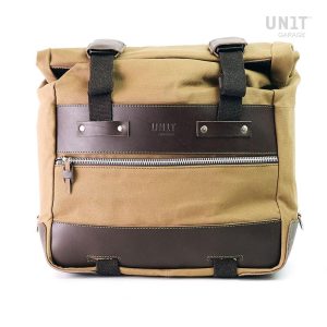 Unit Garage Beige/Brown Cult Side Pannier in Waxed Cotton with Aluminium Back Plate + Stainless Steel Quick Release System and Lock, Motoee.com