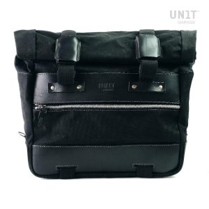 Unit Garage Black Cult Side Pannier in Waxed Cotton with Aluminium Back Plate + Stainless Steel Quick Release System and Lock, Motoee.com