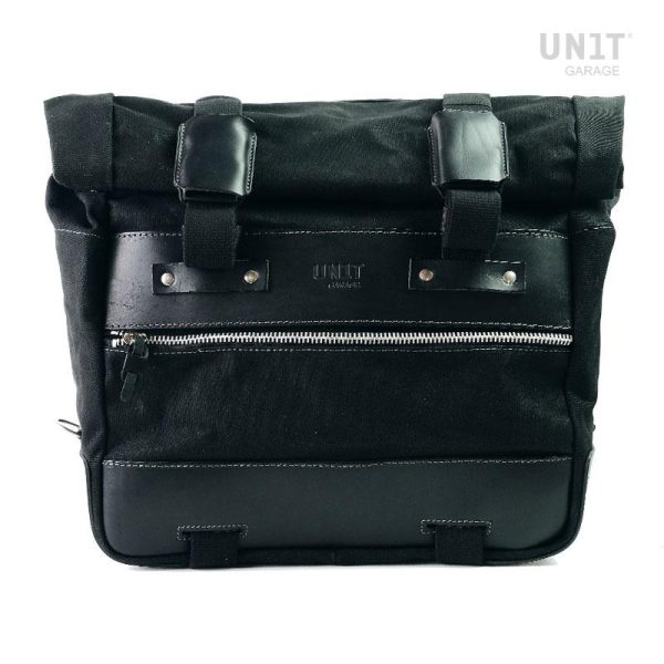 Unit Garage Black Cult Side Pannier in Waxed Cotton with Aluminium Back Plate + Stainless Steel Quick Release System and Lock