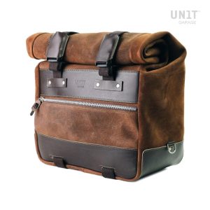 Unit Garage Colorado Brown Cult Side Pannier in Waxed Suede With Aluminium Back Plate + Stainless Steel Quick Release System & Lock (Exhaust side), Motoee.com