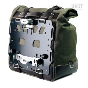 Unit Garage Green/Brown Cult Side Pannier in Waxed Cotton with Aluminium Back Plate + Stainless Steel Quick Release System & Lock