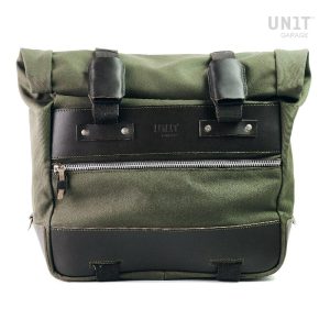 Unit Garage Green/Brown Cult Side Pannier in Waxed Cotton with Aluminium Back Plate + Stainless Steel Quick Release System & Lock, Motoee.com