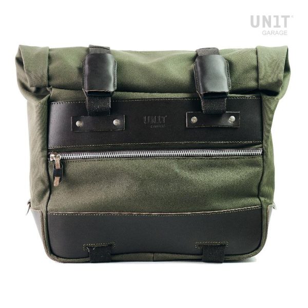 Unit Garage Green/Brown Cult Side Pannier in Waxed Cotton with Aluminium Back Plate + Stainless Steel Quick Release System & Lock