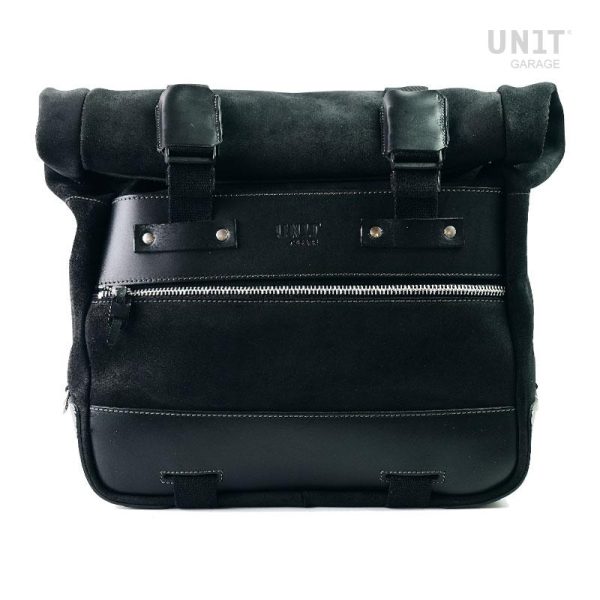 Unit Garage Jet Black Cult Side Pannier in Waxed Suede With Aluminium Back Plate + Stainless Steel Quick Release System & Lock (Exhaust side)