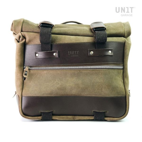 Unit Garage Moss Grey Cult Side Pannier in Waxed Suede with Aluminium Back Plate + Stainless Steel Quick Release System & Lock