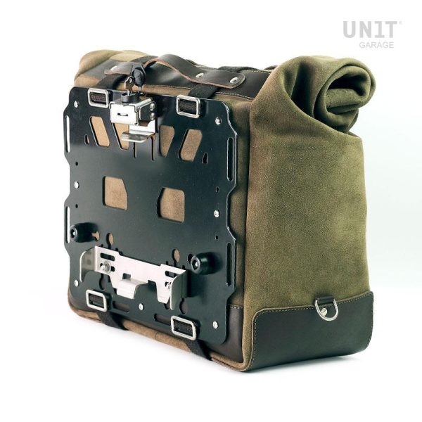 Unit Garage Moss Grey Cult Side Pannier in Waxed Suede with Aluminium Back Plate + Stainless Steel Quick Release System & Lock