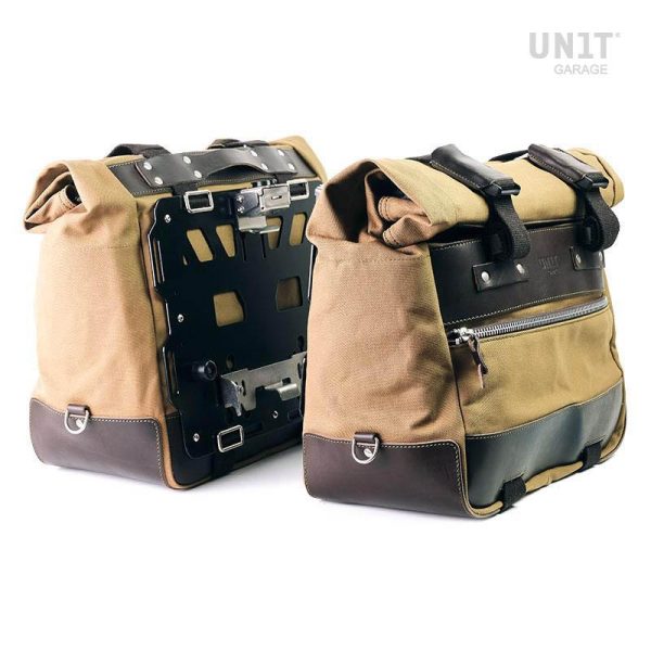 Unit Garage Pair of Beige/Brown Cult Side Bags in Canvas 40-50L + Pair of Aluminium Plates