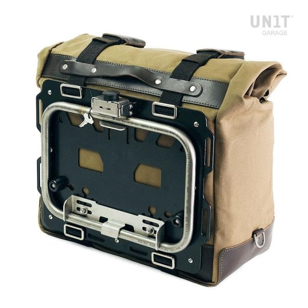 Unit Garage Pair of Beige/Brown Cult Side Bags in Canvas 40-50L + Pair of Aluminium Plates