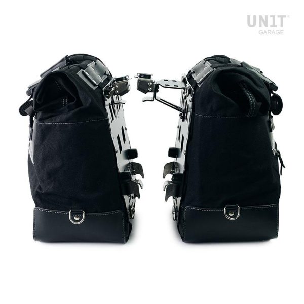 Unit Garage Pair of Black Cult Side Bags in Canvas 40-50L + Pair of Aluminium Plates