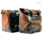 Unit Garage Pair of Colorado Brown Cult Side Panniers in Waxed Suede with Aluminium Back Plate + Pair of Stainless Steel Quick Release System and Lock
