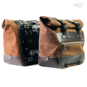 Unit Garage Pair of Colorado Brown Cult Side Panniers in Waxed Suede with Aluminium Back Plate + Pair of Stainless Steel Quick Release System and Lock