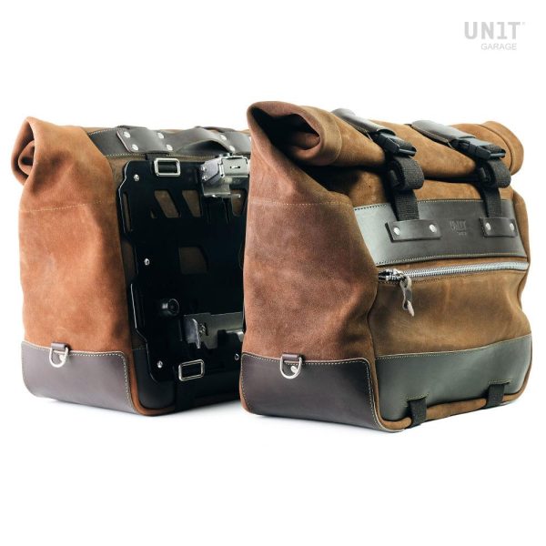 Unit Garage Pair of Colorado Brown Cult Side Panniers in Waxed Suede with Aluminium Back Plate + Pair of Stainless Steel Quick Release System and Lock