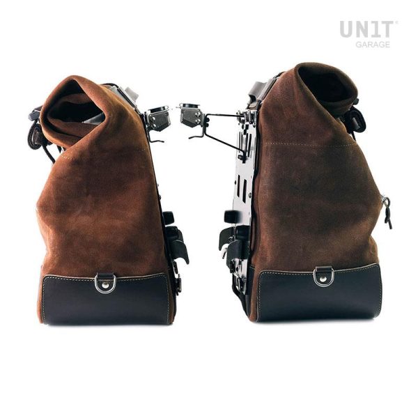 Unit Garage Pair of Colorado Brown Cult Side Panniers in Waxed Suede with Aluminium Back Plate + Pair of Stainless Steel Quick Release System and Lock