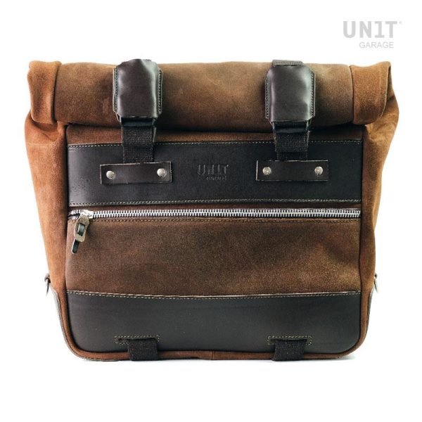Unit Garage Pair of Colorado Brown Cult Side Panniers in Waxed Suede with Aluminium Back Plate + Pair of Stainless Steel Quick Release System and Lock