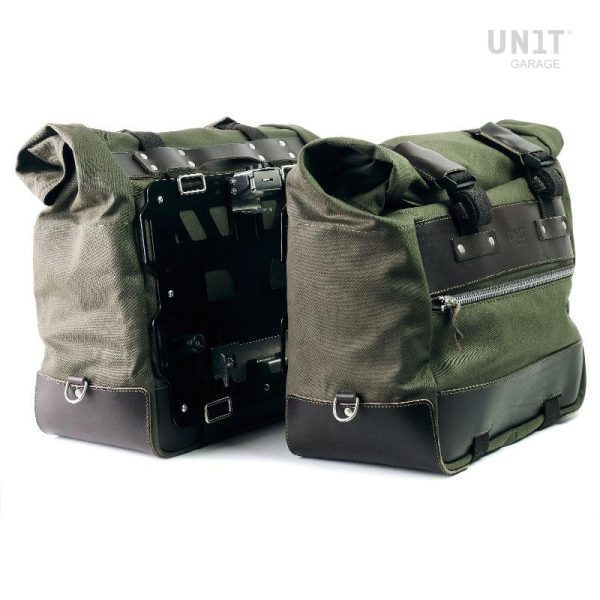 Unit Garage Pair of Green/Brown Cult Side Bags in Canvas 40-50L + Pair of Aluminium Plates