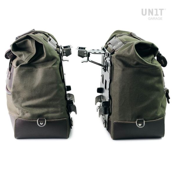 Unit Garage Pair of Green/Brown Cult Side Bags in Canvas 40-50L + Pair of Aluminium Plates