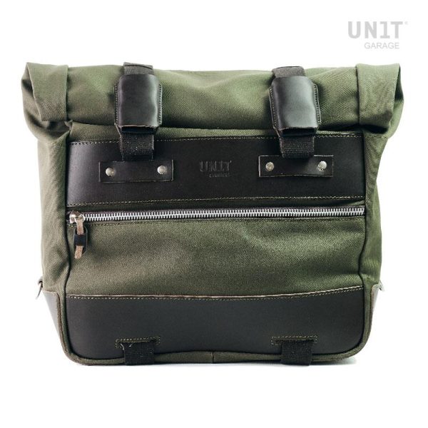 Unit Garage Pair of Green/Brown Cult Side Bags in Canvas 40-50L + Pair of Aluminium Plates