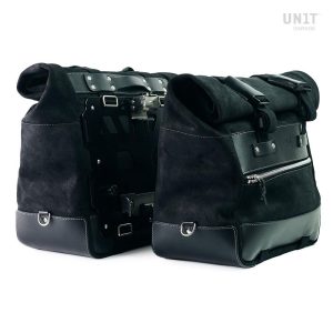 Unit Garage Pair of Jet Black Cult Side Panniers in Waxed Suede with Aluminium Back Plate + Pair of Stainless Steel Quick Release System and Lock