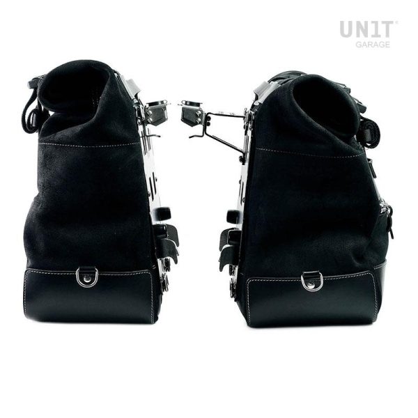 Unit Garage Pair of Jet Black Cult Side Panniers in Waxed Suede with Aluminium Back Plate + Pair of Stainless Steel Quick Release System and Lock