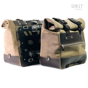 Unit Garage Pair of Moss Grey Cult Side Panniers in Waxed Suede with Aluminium Back Plate + Pair of Stainless Steel Quick Release System and Lock