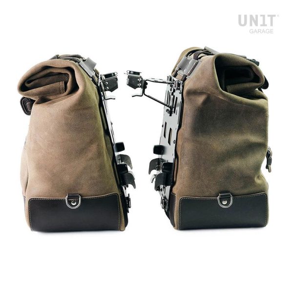 Unit Garage Pair of Moss Grey Cult Side Panniers in Waxed Suede with Aluminium Back Plate + Pair of Stainless Steel Quick Release System and Lock