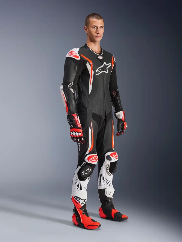 Alpinestars GP Tech V5 Perforated 1-Piece Leather Suit Black/White/Neon Red