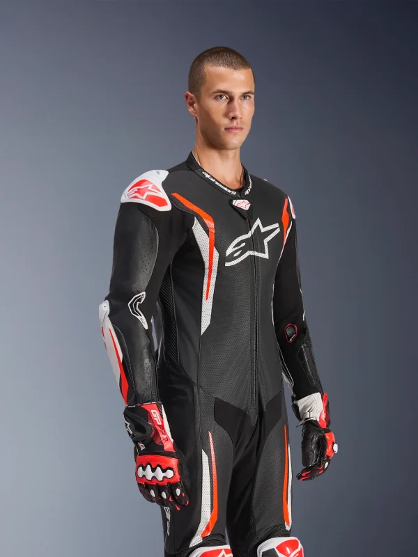 Alpinestars GP Tech V5 Perforated 1-Piece Leather Suit Black/White/Neon Red