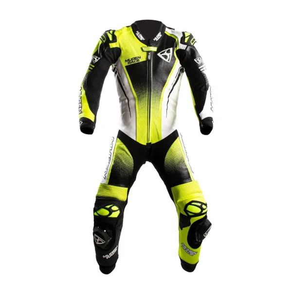 Mugenrace Sidegun Perforated 1-Piece Leather Suit Black/White/Neon Yellow
